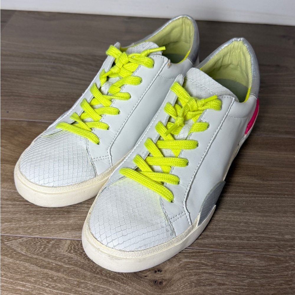 Dolce Vita White Leather Sneakers 8.5 Neon Yellow Trendy 80s Snakeskin Trainers
